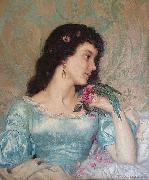 Weerts Jean Joseph Beautiful pensive portrait of a young woman with a bird and flower painting